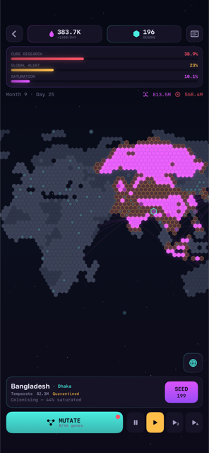 Zoomed view of the hex grid showing infected territory and transit routes